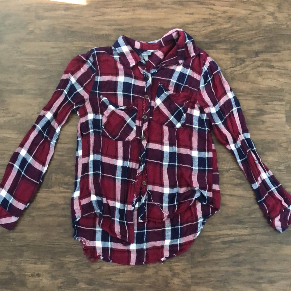 Red Blue and White Distressed Plaid Flannel Size S